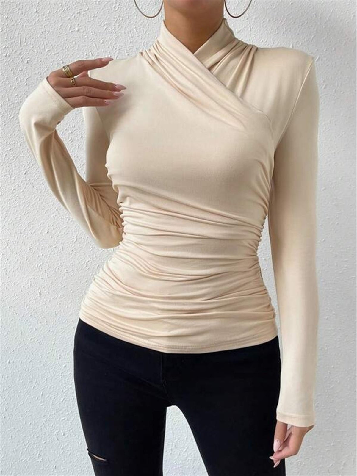 Damen-Bluse — Slim Fit, langärmlig, Wickelvorderteil  