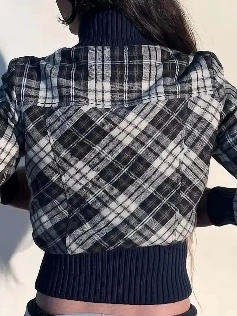 Dames Cropped Jas — Geruit Patroon Hoge Kraag Elastische Manchetten
