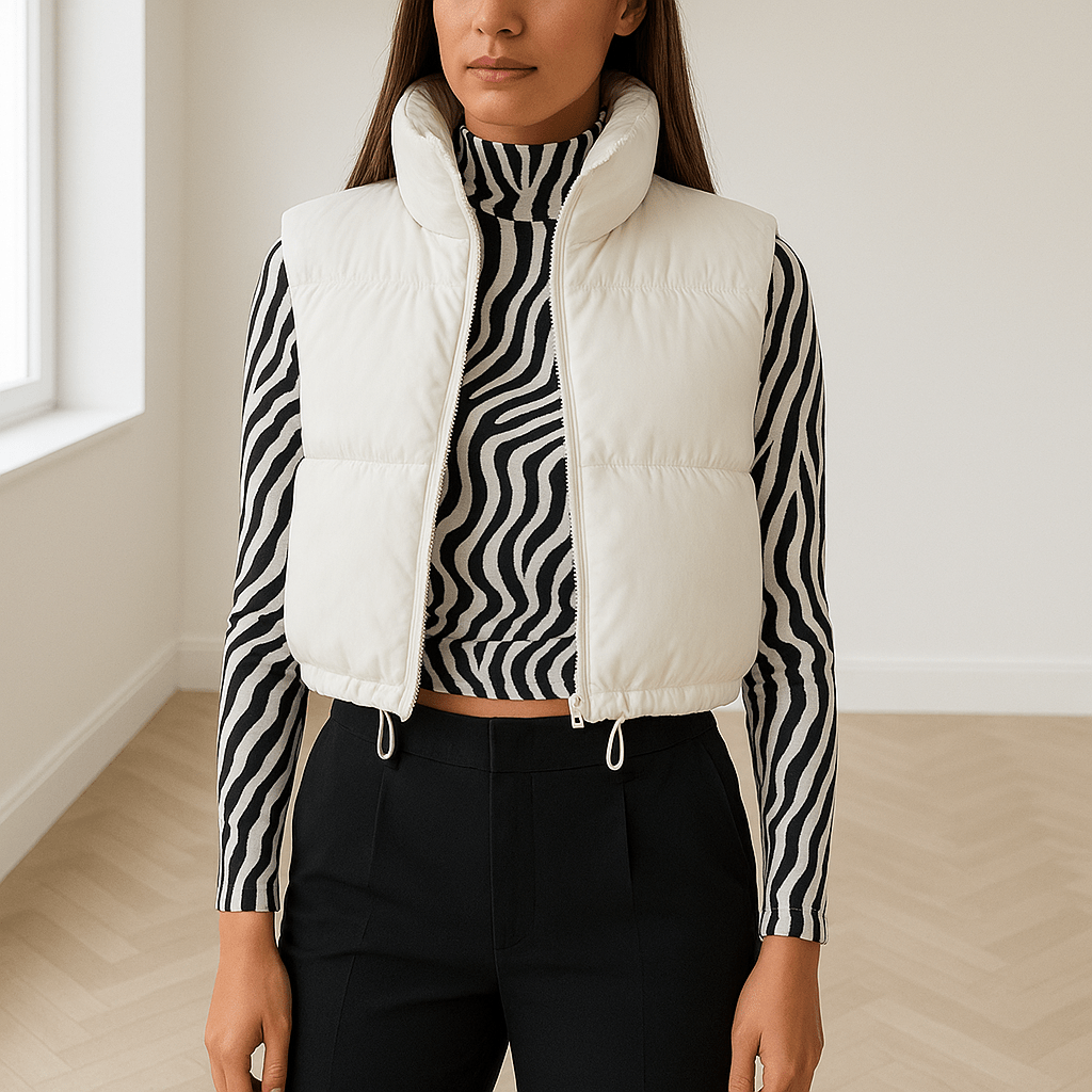 Gilet corto da donna — Senza maniche, collo alto con zip, imbottito