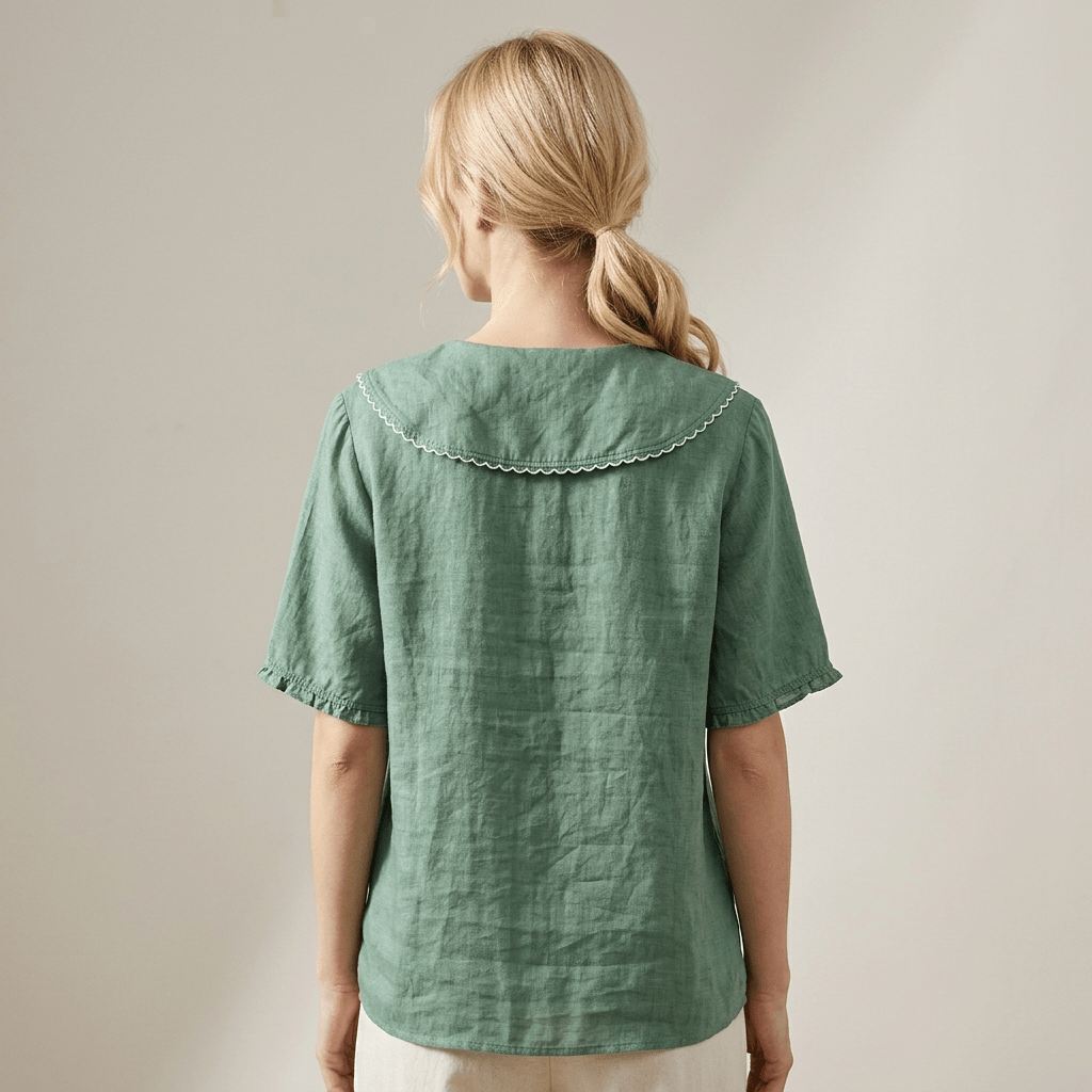 Damen Leinenbluse - Lockerer Schnitt, V-Ausschnitt, welliger Saum
