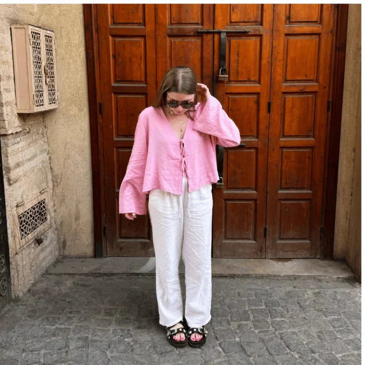 Crop top da donna in lino - nodo frontale, vestibilità strutturata