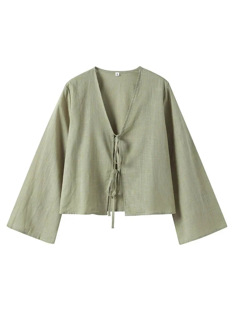 Crop top da donna in lino - nodo frontale, vestibilità strutturata