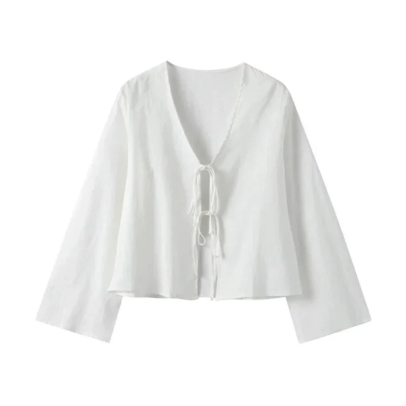 Crop top da donna in lino - nodo frontale, vestibilità strutturata