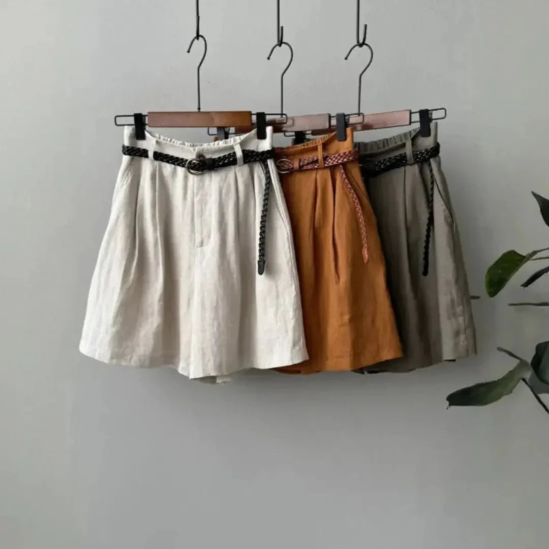 Leinen-Shorts Damen, hohe Taille, Falten, elastischer Bund