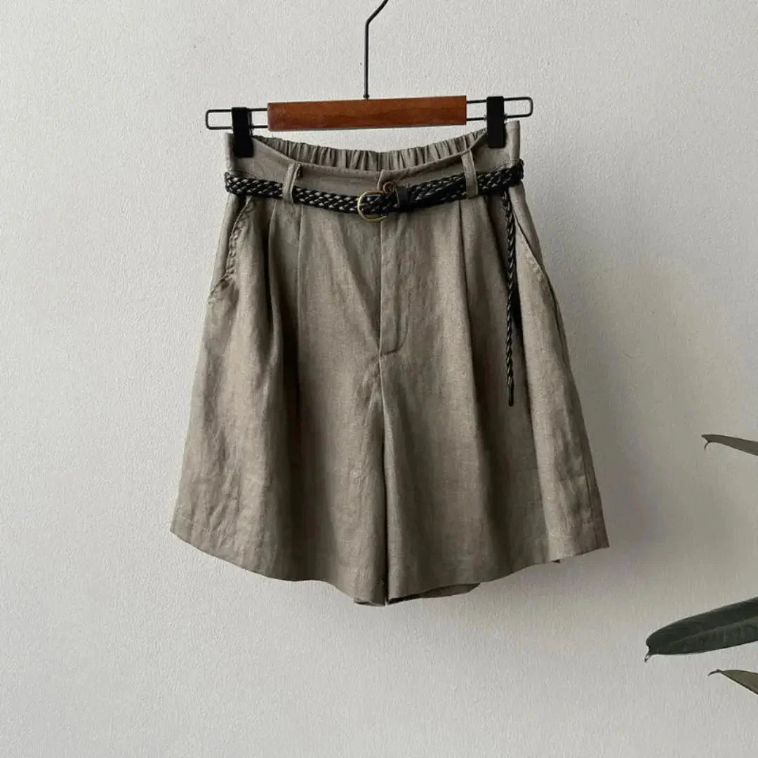 Leinen-Shorts Damen, hohe Taille, Falten, elastischer Bund