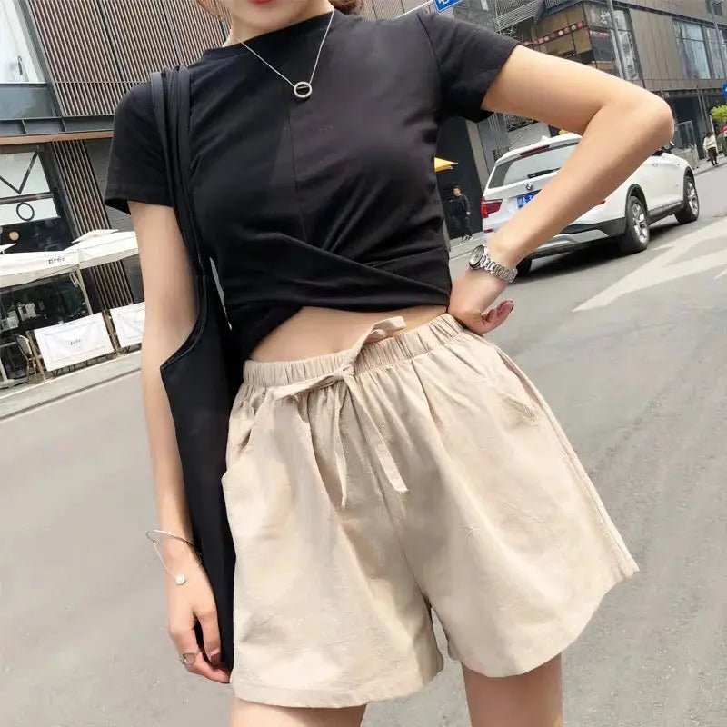 Leinen-Shorts Damen, hohe Taille, Kordelzug, entspannte Passform