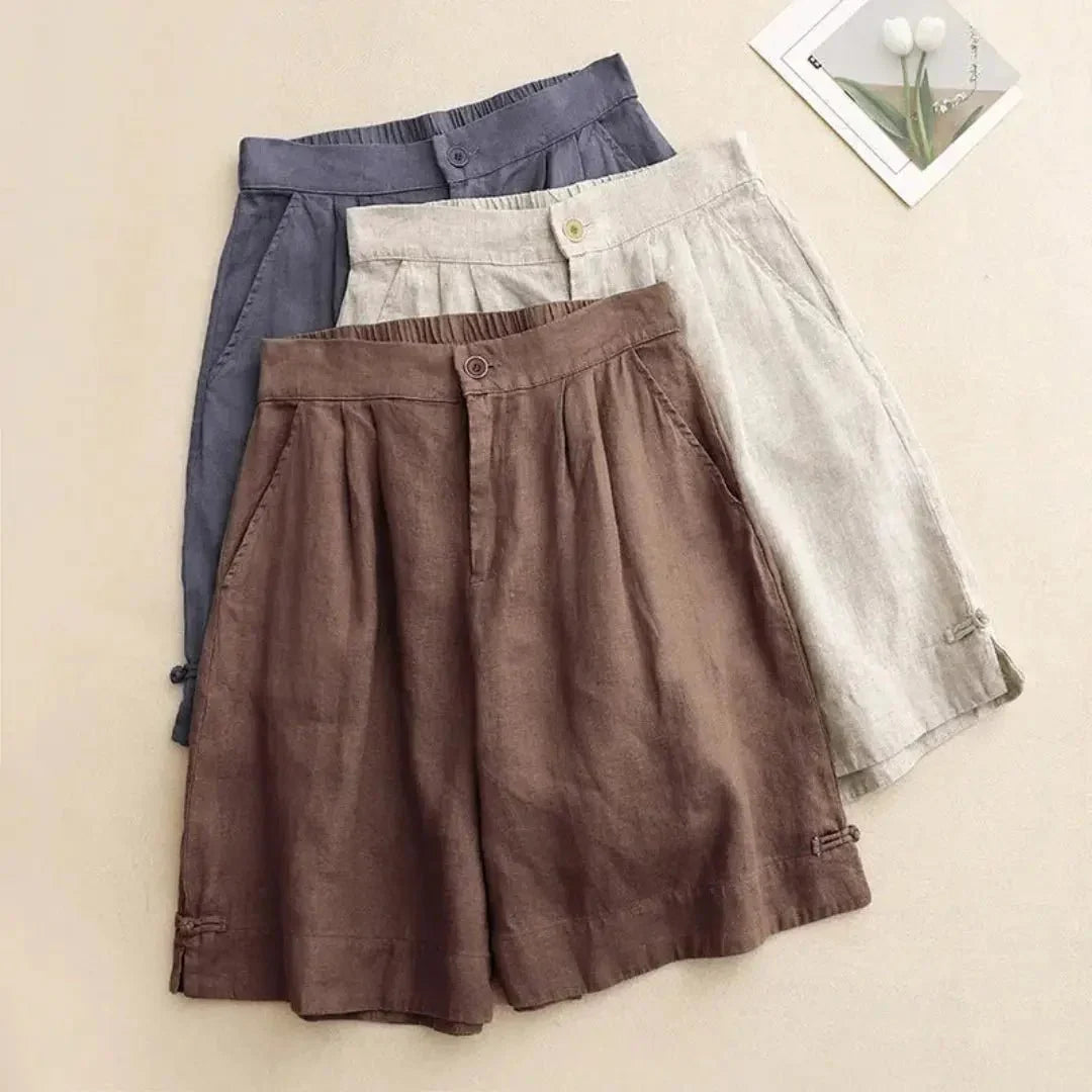 Shorts in lino donna a vita alta — Vestibilità ampia, chiusura con bottoni