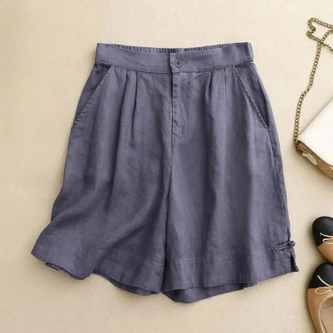 Shorts in lino donna a vita alta — Vestibilità ampia, chiusura con bottoni