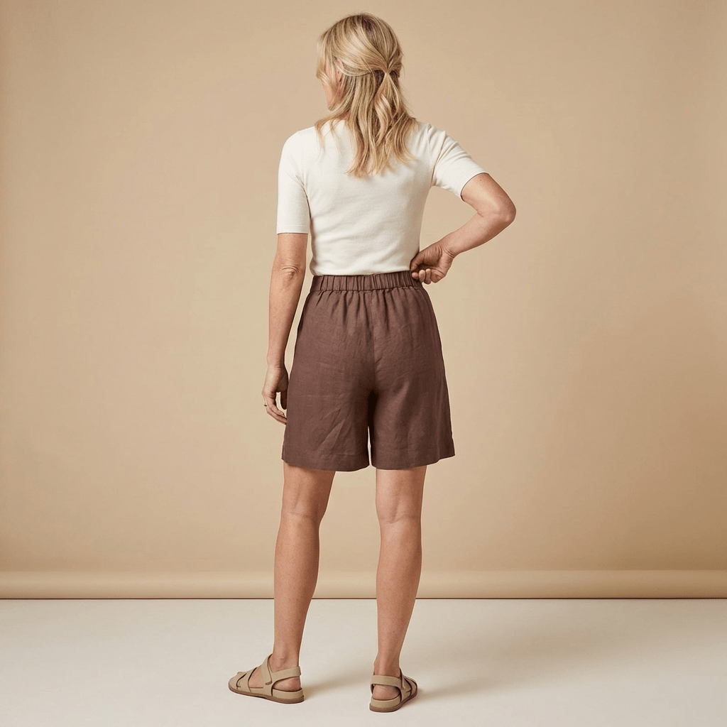 Shorts femme en lin taille haute — Coupe ample, fermeture à boutons