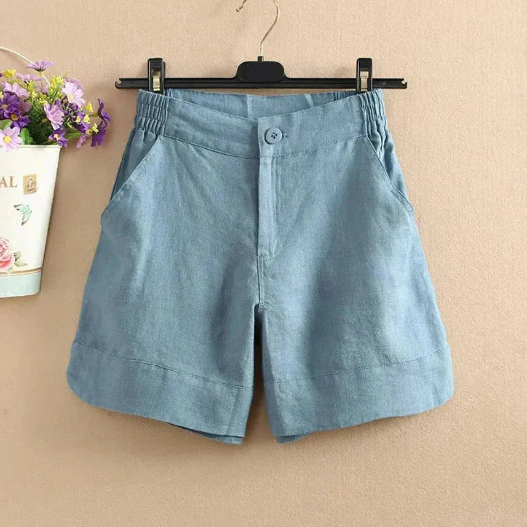 Leinen-Shorts Damen, lockere Passform, mittlere Länge, Knopfverschluss