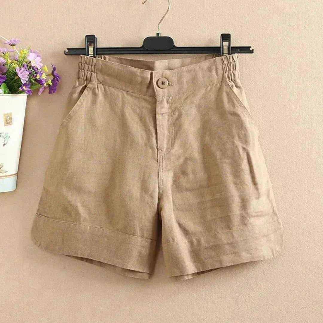 Leinen-Shorts Damen, lockere Passform, mittlere Länge, Knopfverschluss