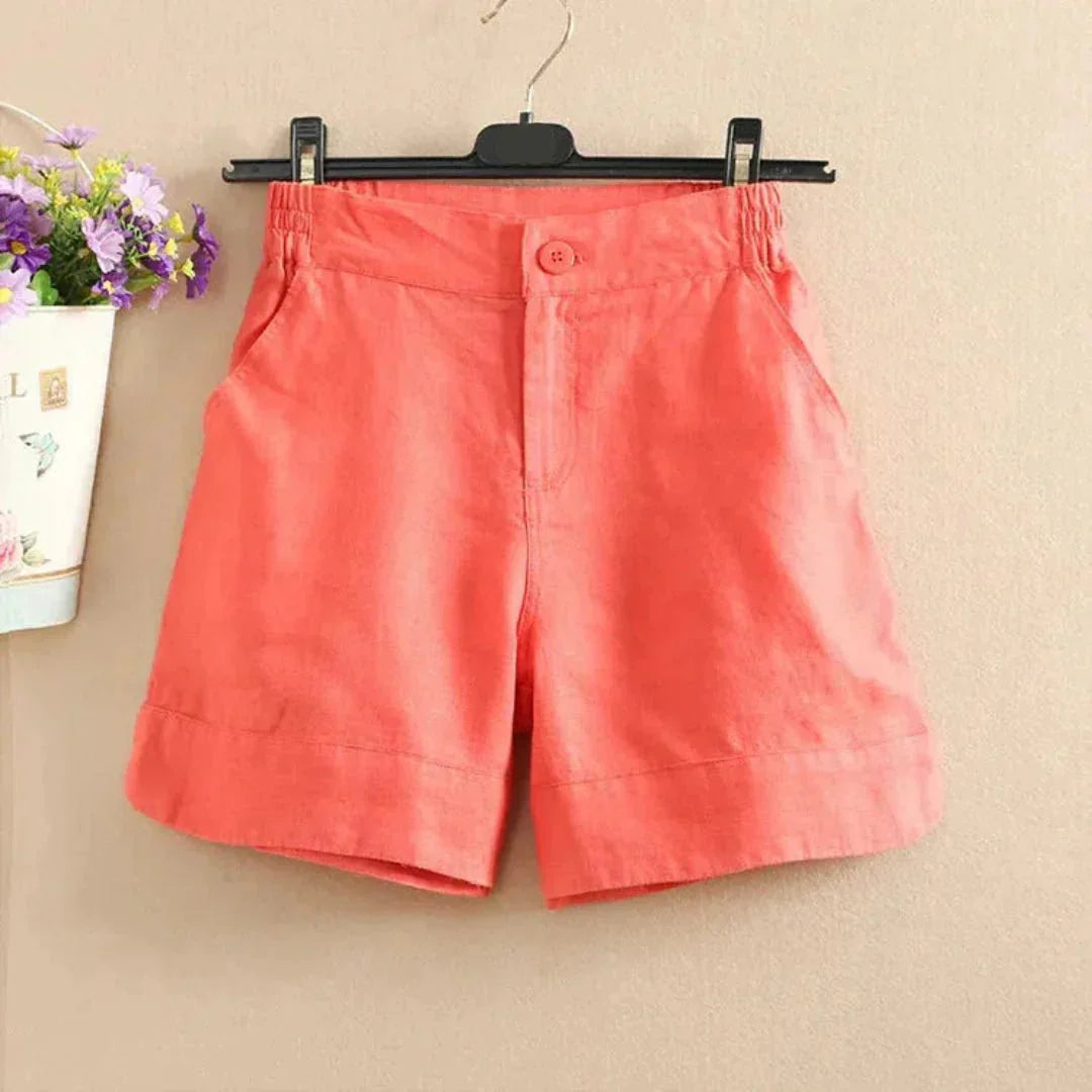 Leinen-Shorts Damen, lockere Passform, mittlere Länge, Knopfverschluss