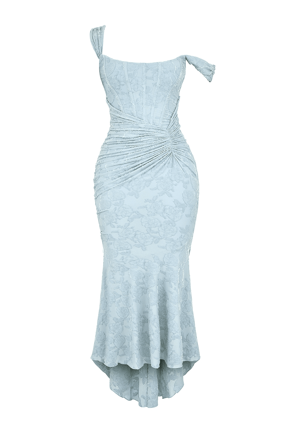 Maxikleid für Damen — Eng anliegendes Oberteil, geraffte Taille, High-Low-Saum
