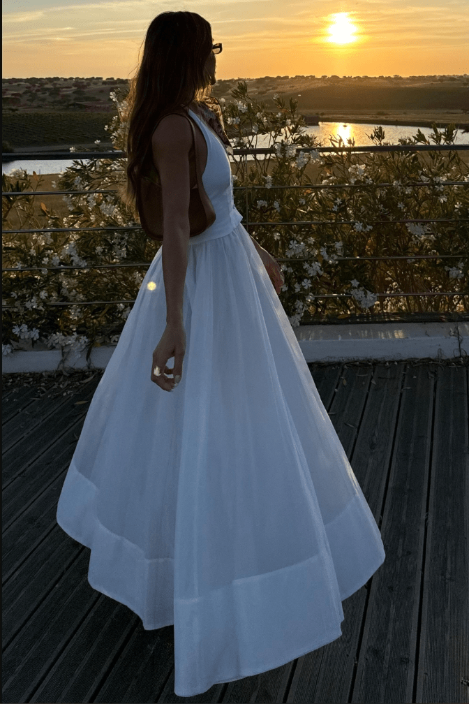 Vestito maxi donna — scollo a V aderente, dettaglio bottoni frontali