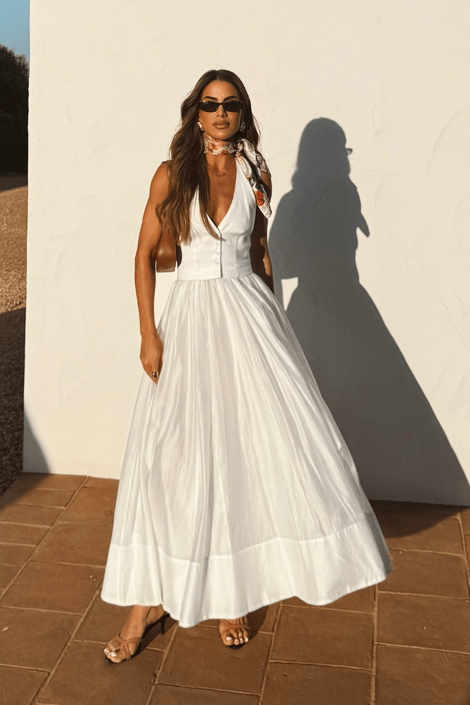 Vestito maxi donna — scollo a V aderente, dettaglio bottoni frontali