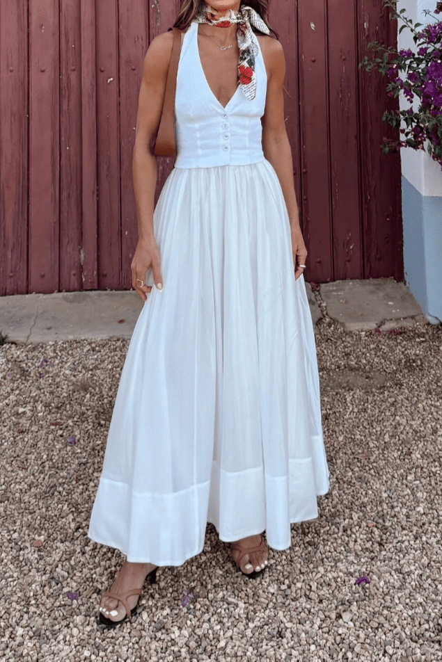Vestito maxi donna — scollo a V aderente, dettaglio bottoni frontali