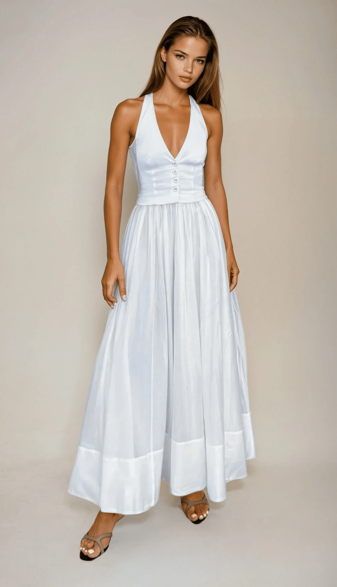 Vestito maxi donna — scollo a V aderente, dettaglio bottoni frontali
