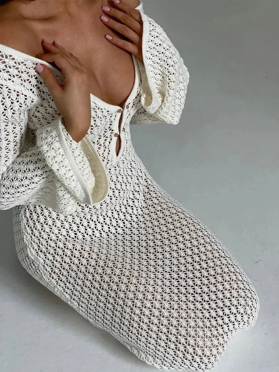 Damen Maxikleid — Langärmlig, Schlüsselloch-Ausschnitt, bodenlang