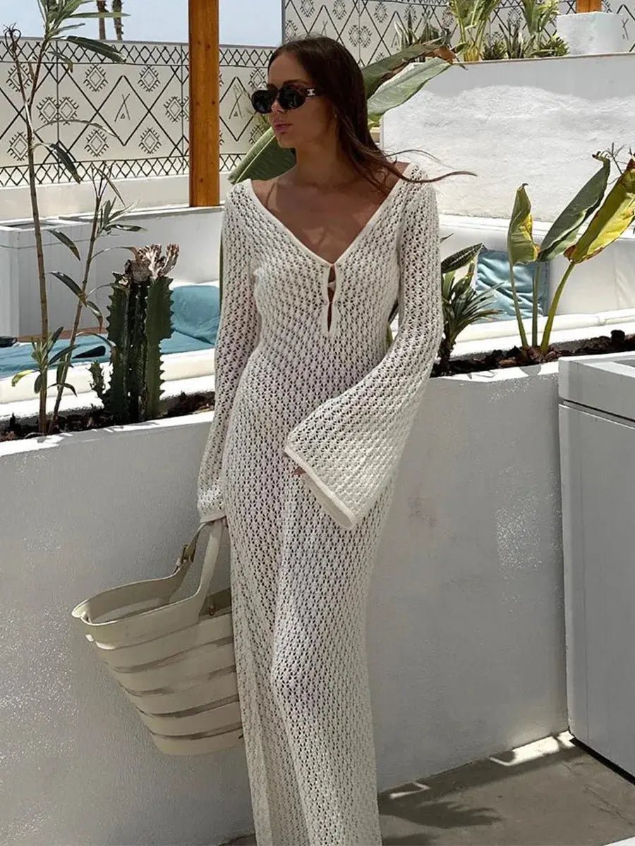 Damen Maxikleid — Langärmlig, Schlüsselloch-Ausschnitt, bodenlang