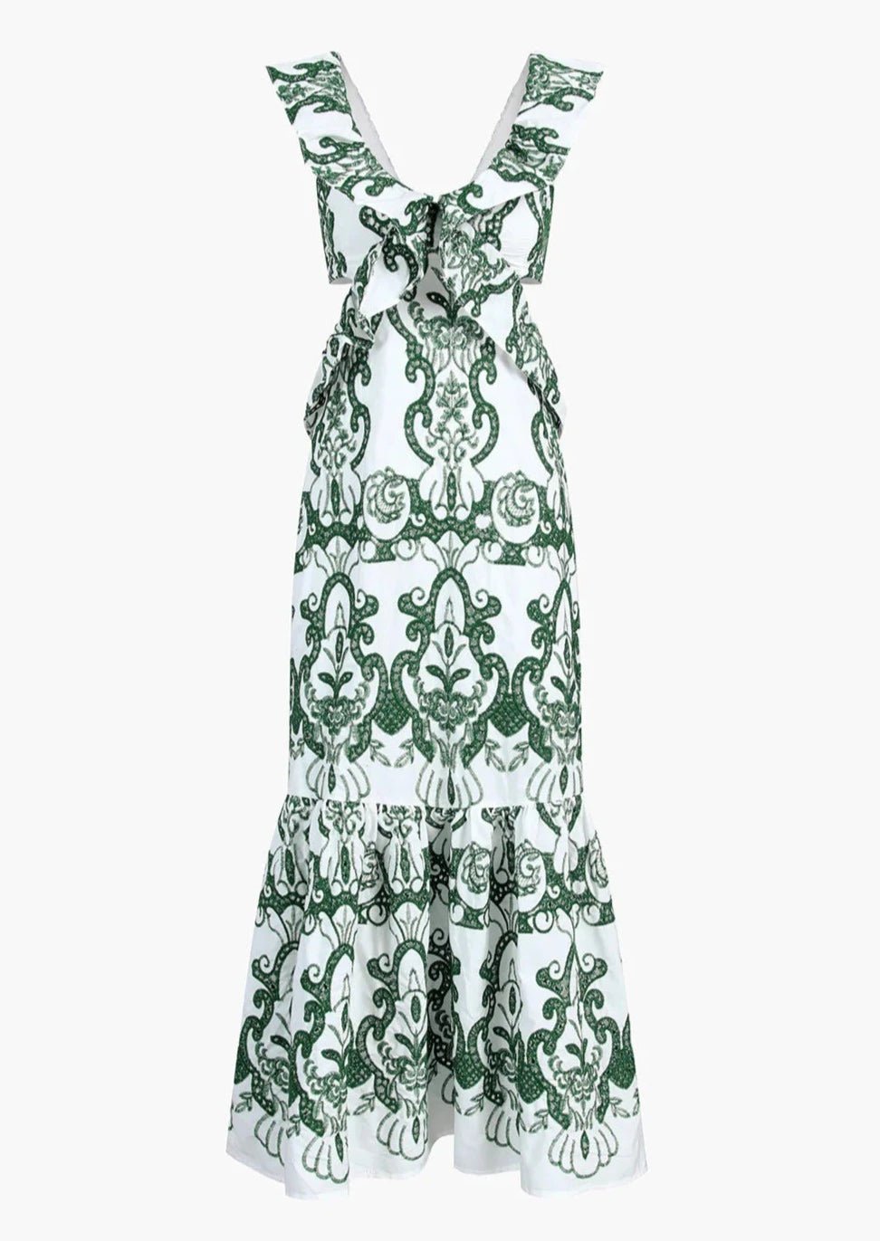 Vestido maxi para mujer — escote pronunciado, espalda descubierta y bordado