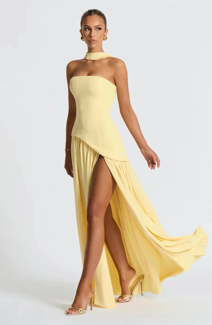 Robe maxi femme — bustier sans bretelles fente haute coupe ajustée
