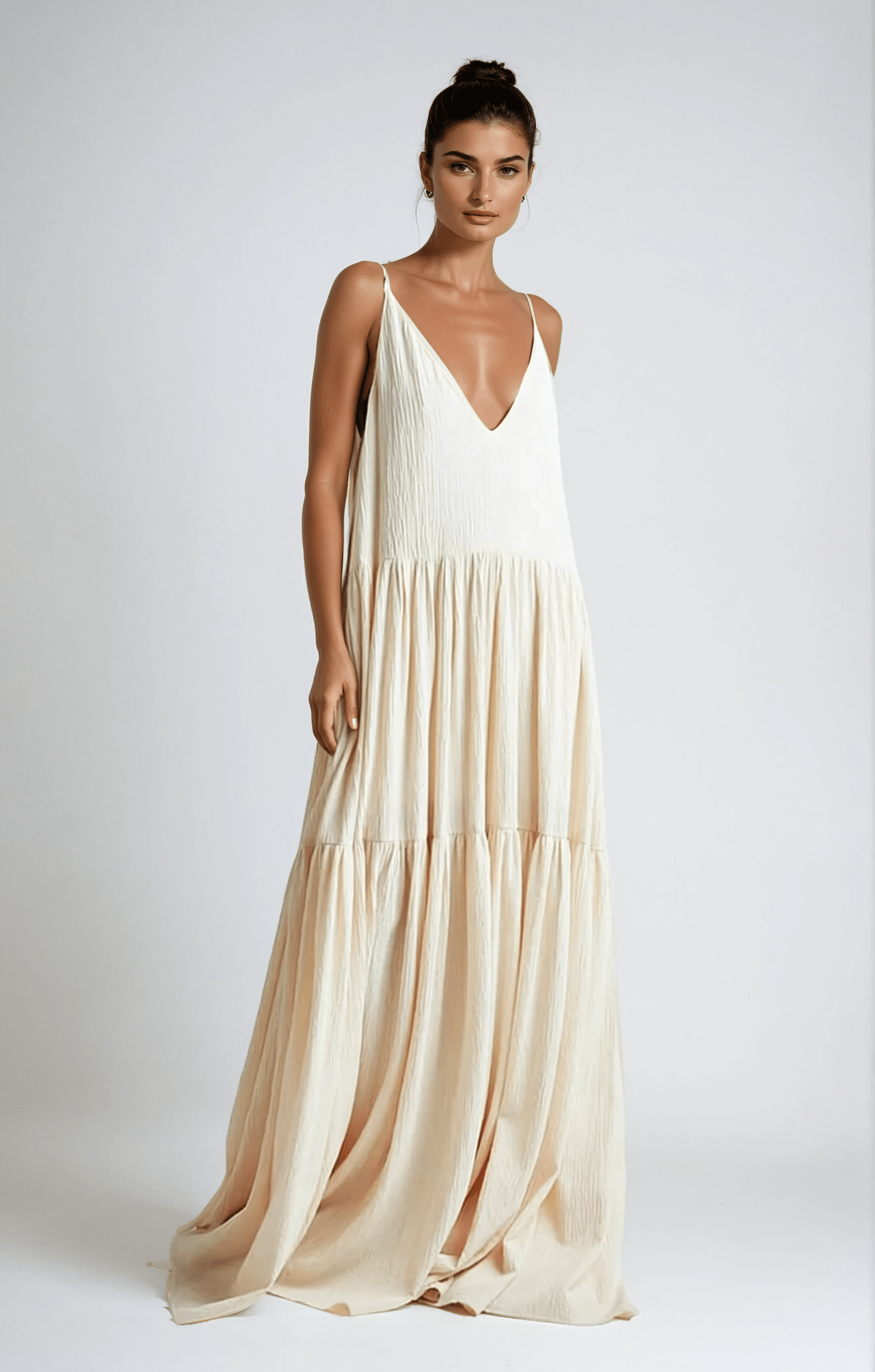 Robe longue femme — Volants à étages, bretelles réglables, plissée