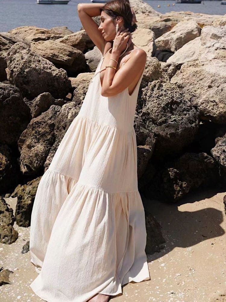 Robe longue femme — Volants à étages, bretelles réglables, plissée