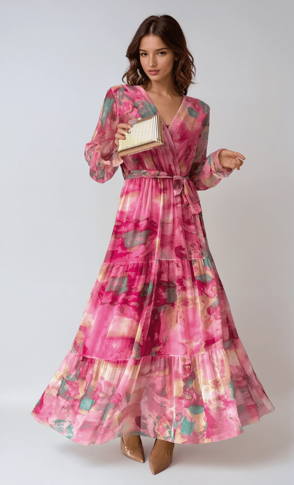 Damen Maxikleid — Wickelverschluss, V-Ausschnitt, langärmlig