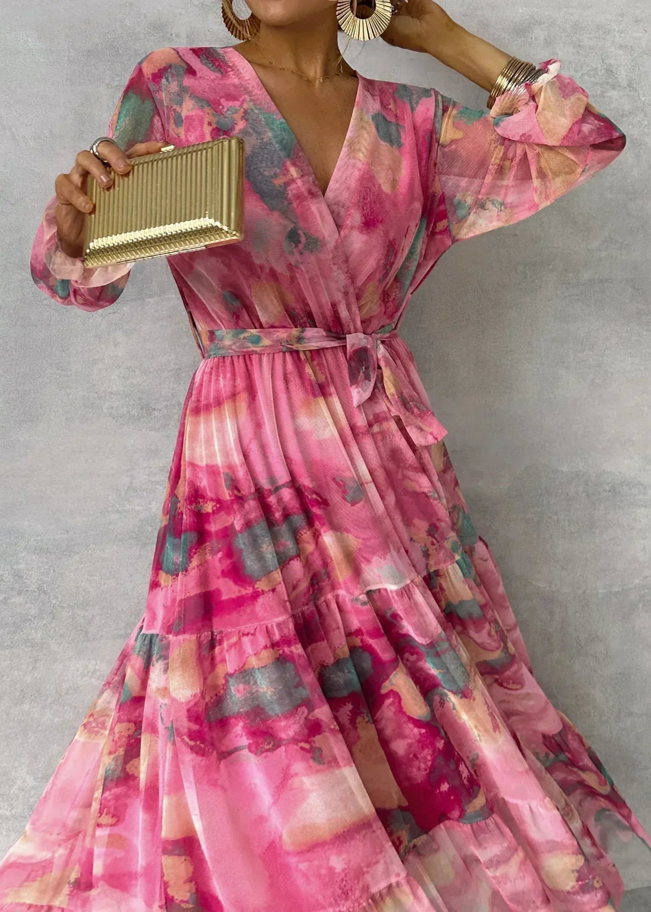 Damen Maxikleid — Wickelverschluss, V-Ausschnitt, langärmlig