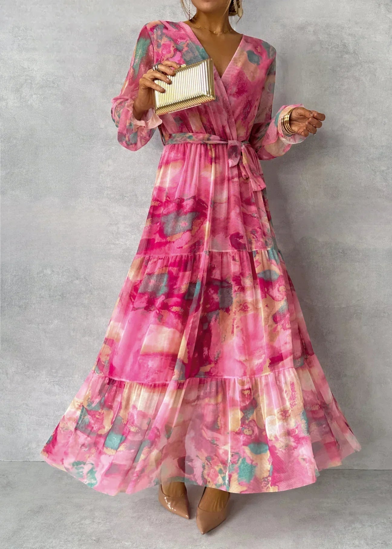 Damen Maxikleid — Wickelverschluss, V-Ausschnitt, langärmlig