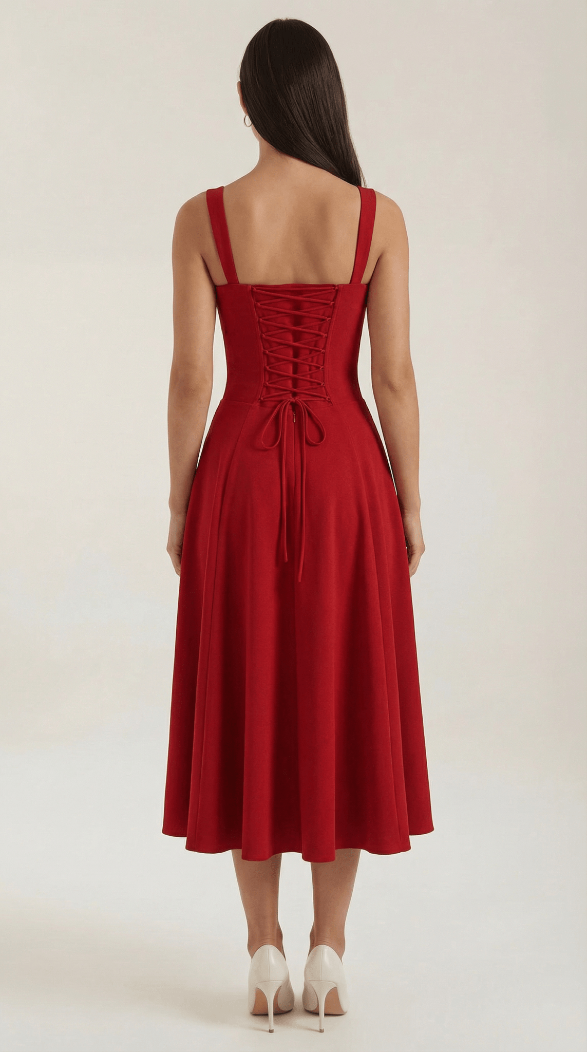 Damen Midikleid — A-Linie, Herzausschnitt, Schnürung vorne