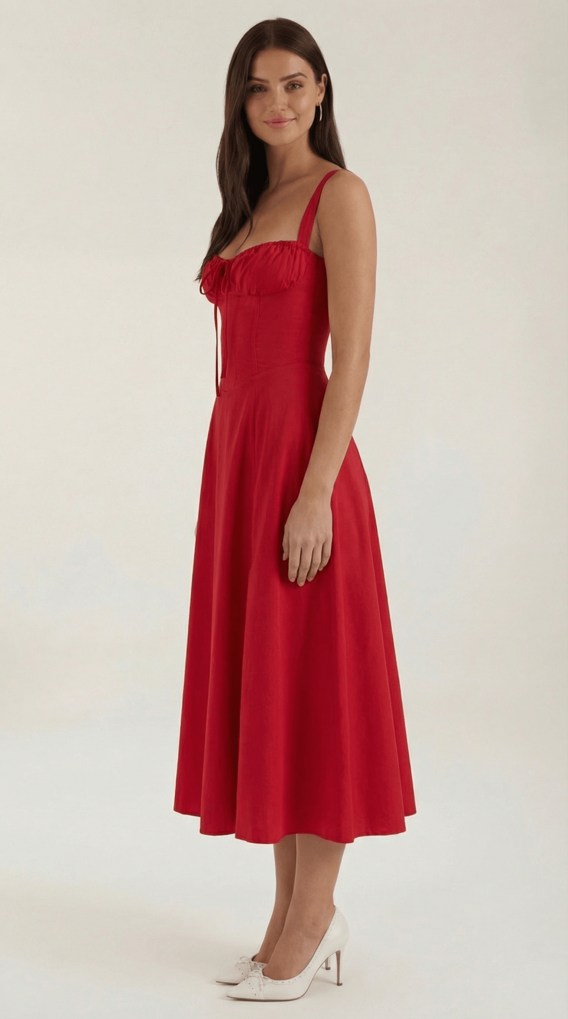 Damen Midikleid — A-Linie, Herzausschnitt, Schnürung vorne