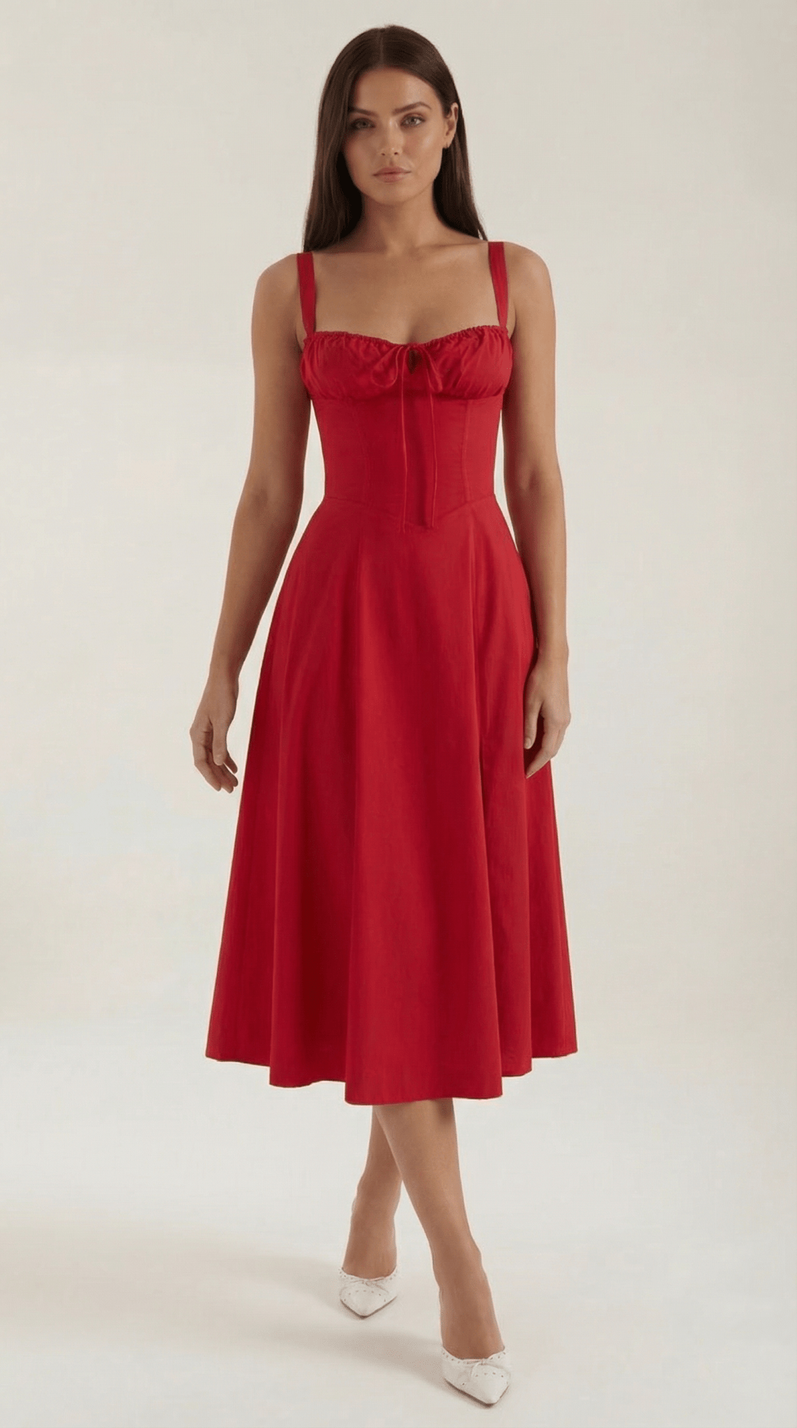 Damen Midikleid — A-Linie, Herzausschnitt, Schnürung vorne