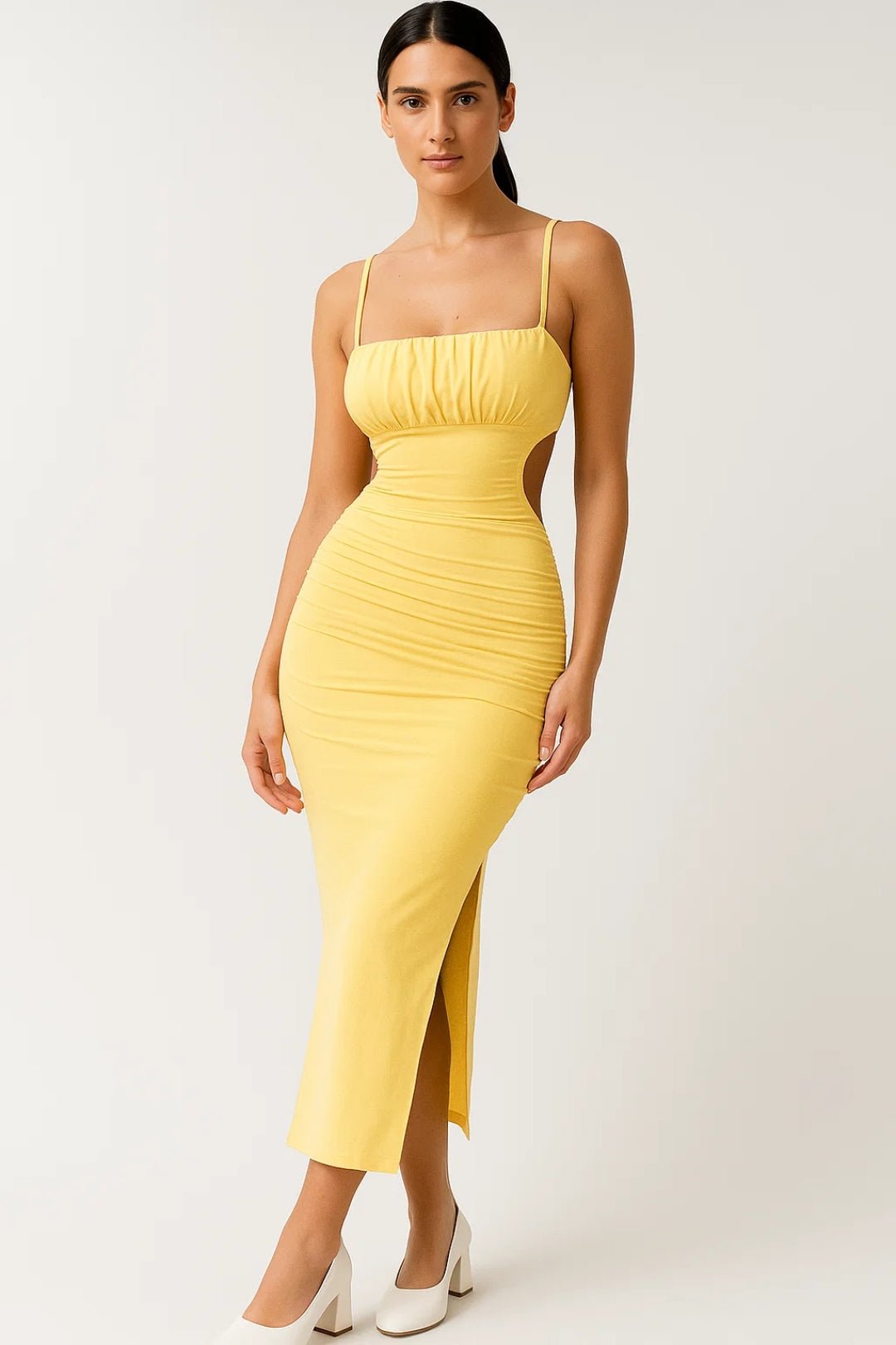 Robe midi femme — Coupe moulante, détails plissés à bretelles