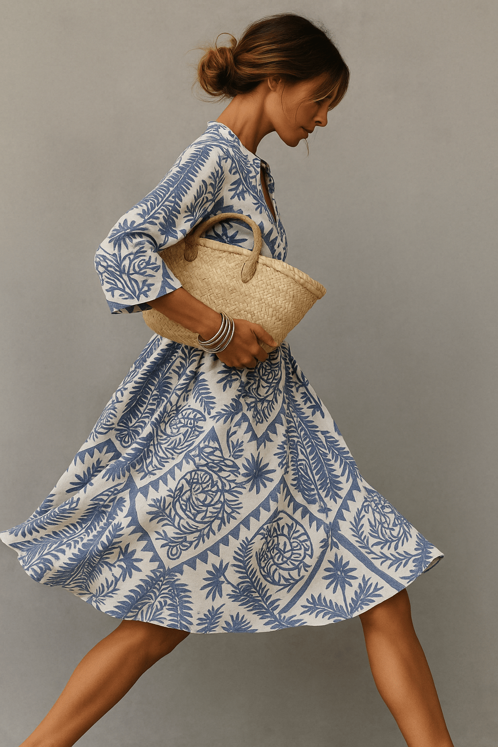Damen Midikleid — Boho-Print, V-Ausschnitt, kurzärmliges Design