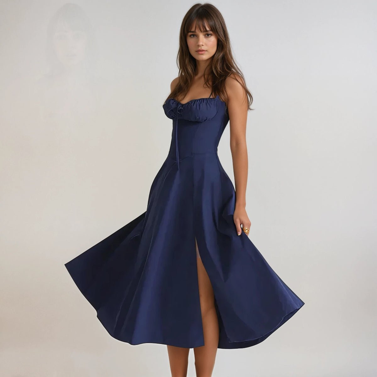 Vestito midi donna — corpetto corsetto, gonna svasata, struttura definita