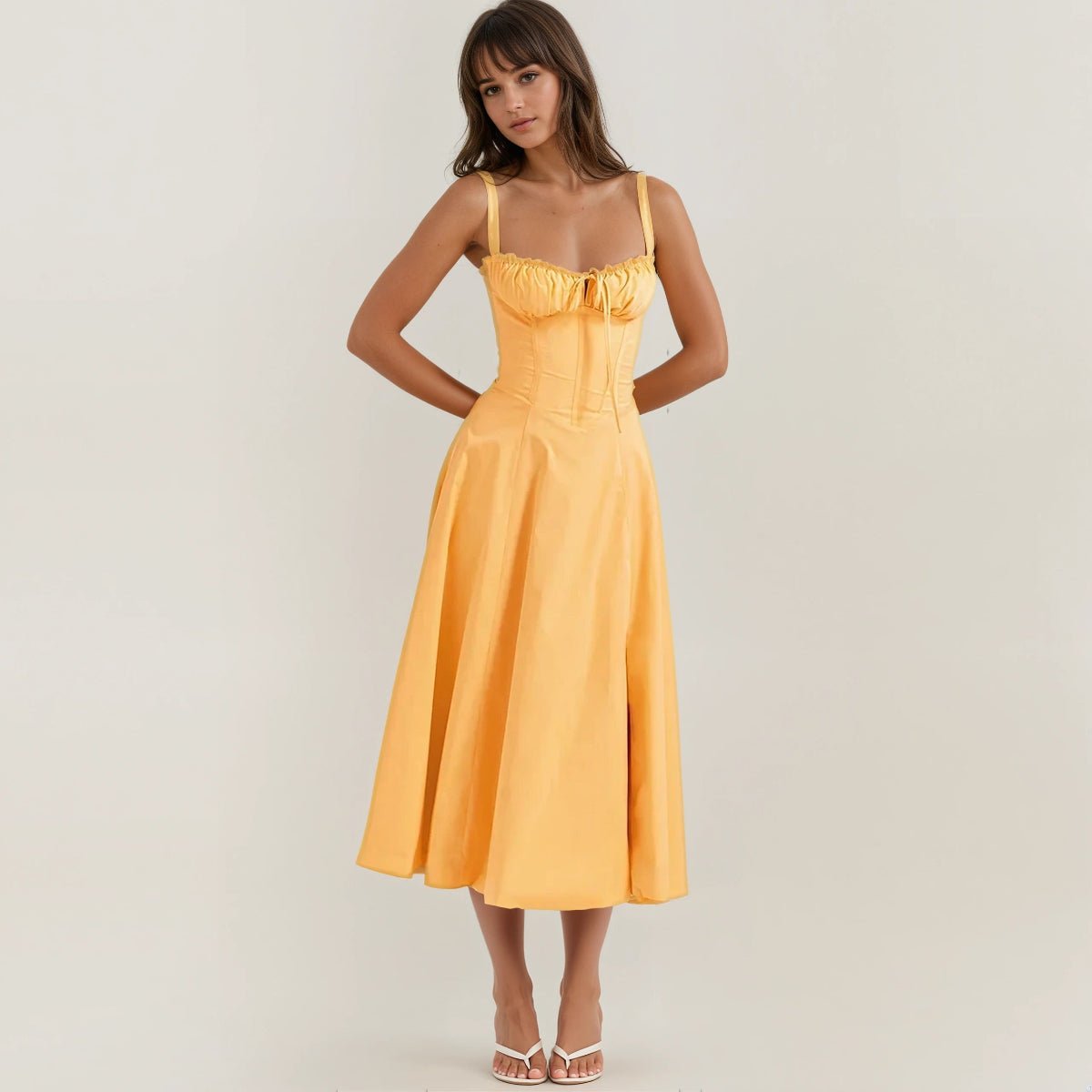 Robe midi femme — corset corsage jupe évasée structurée