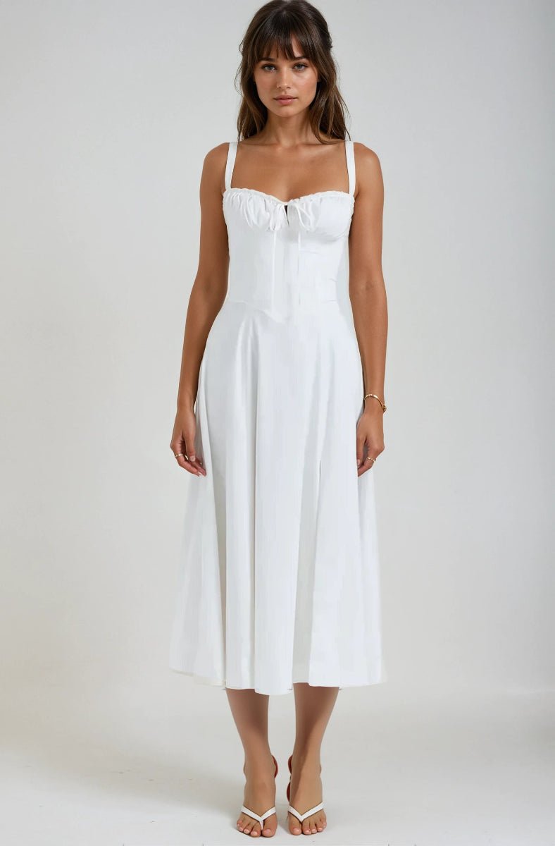 Vestito midi donna — corpetto corsetto, gonna svasata, struttura definita