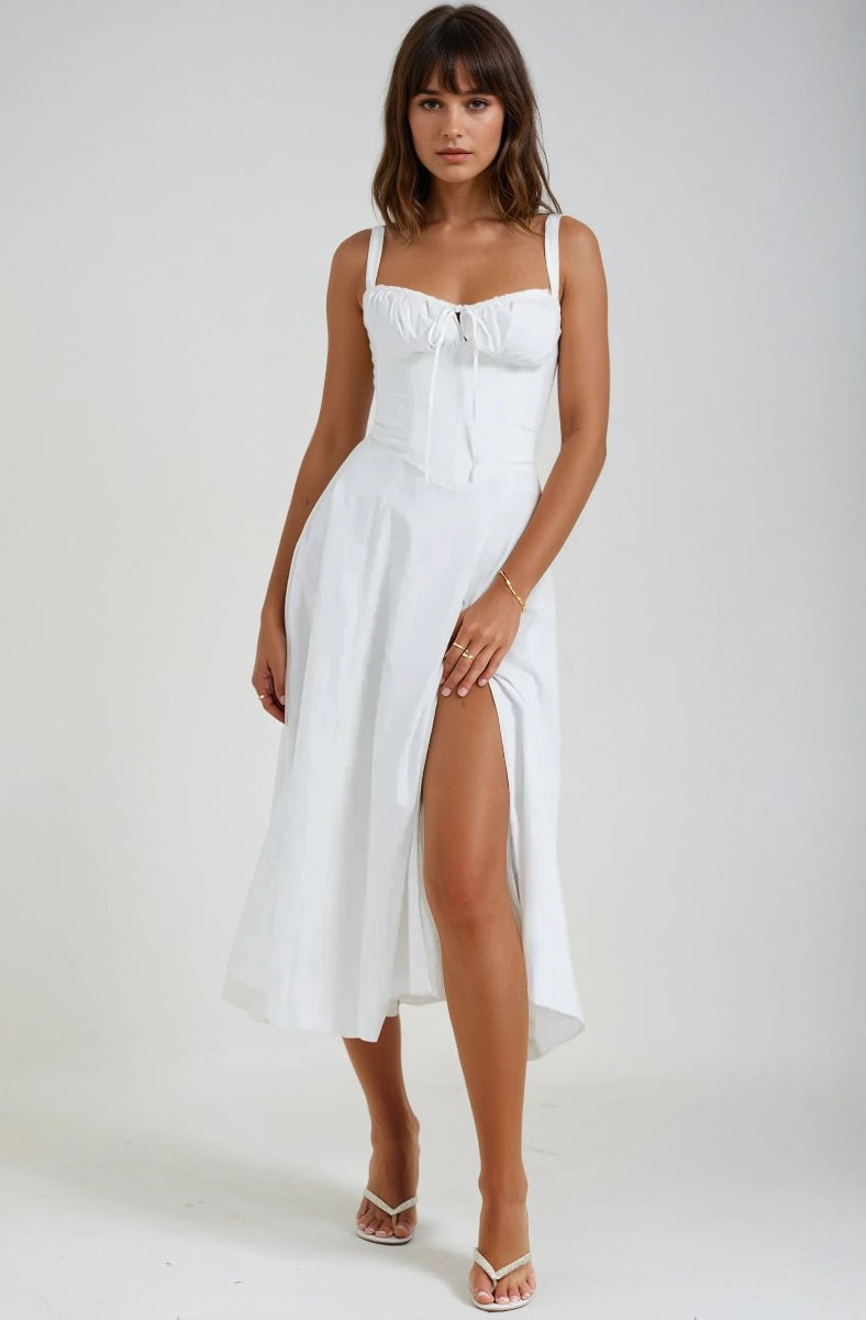 Vestito midi donna — corpetto corsetto, gonna svasata, struttura definita