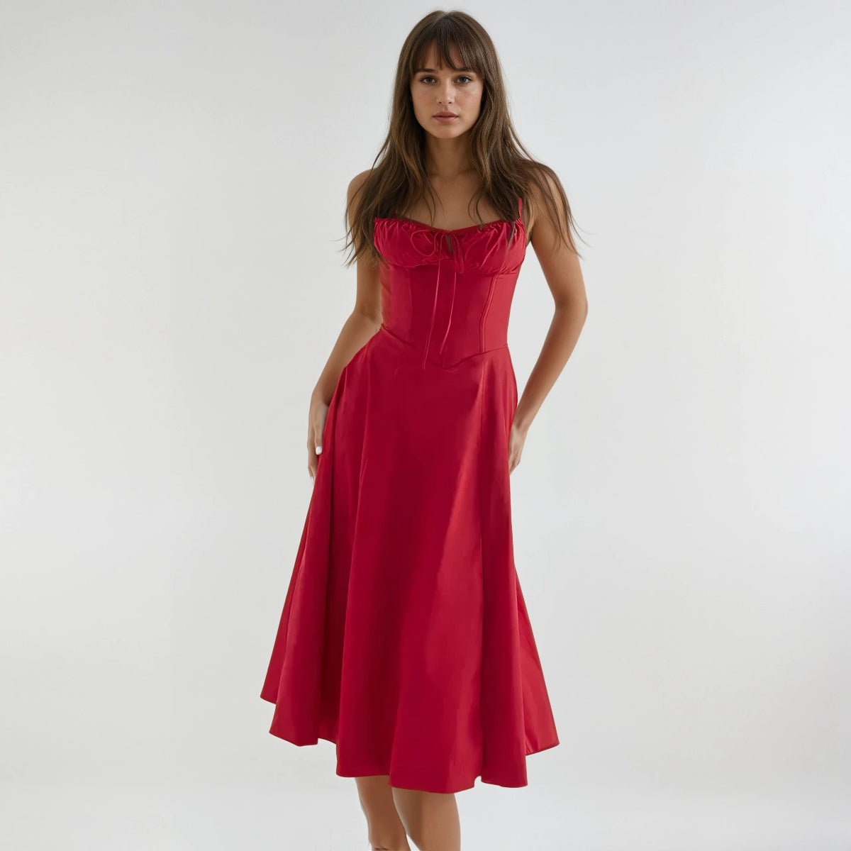 Vestito midi donna — corpetto corsetto, gonna svasata, struttura definita