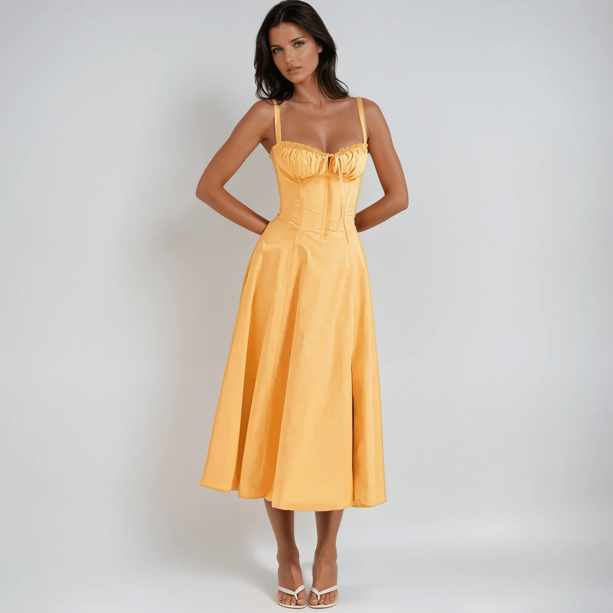 Robe midi femme — corset corsage jupe évasée structurée