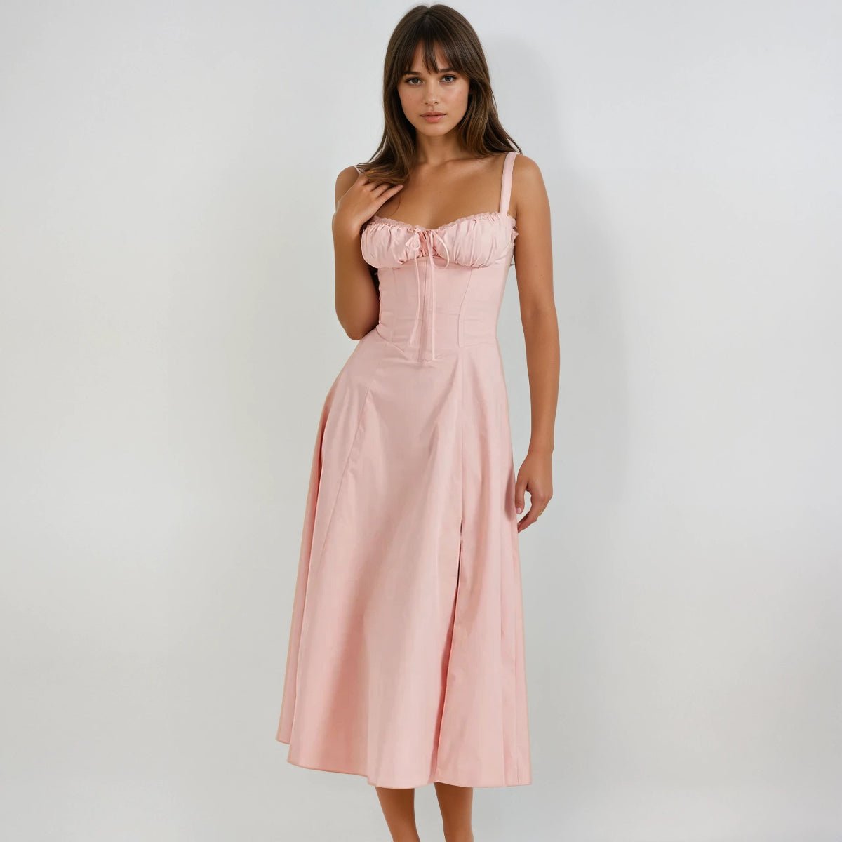 Vestito midi donna — corpetto corsetto, gonna svasata, struttura definita