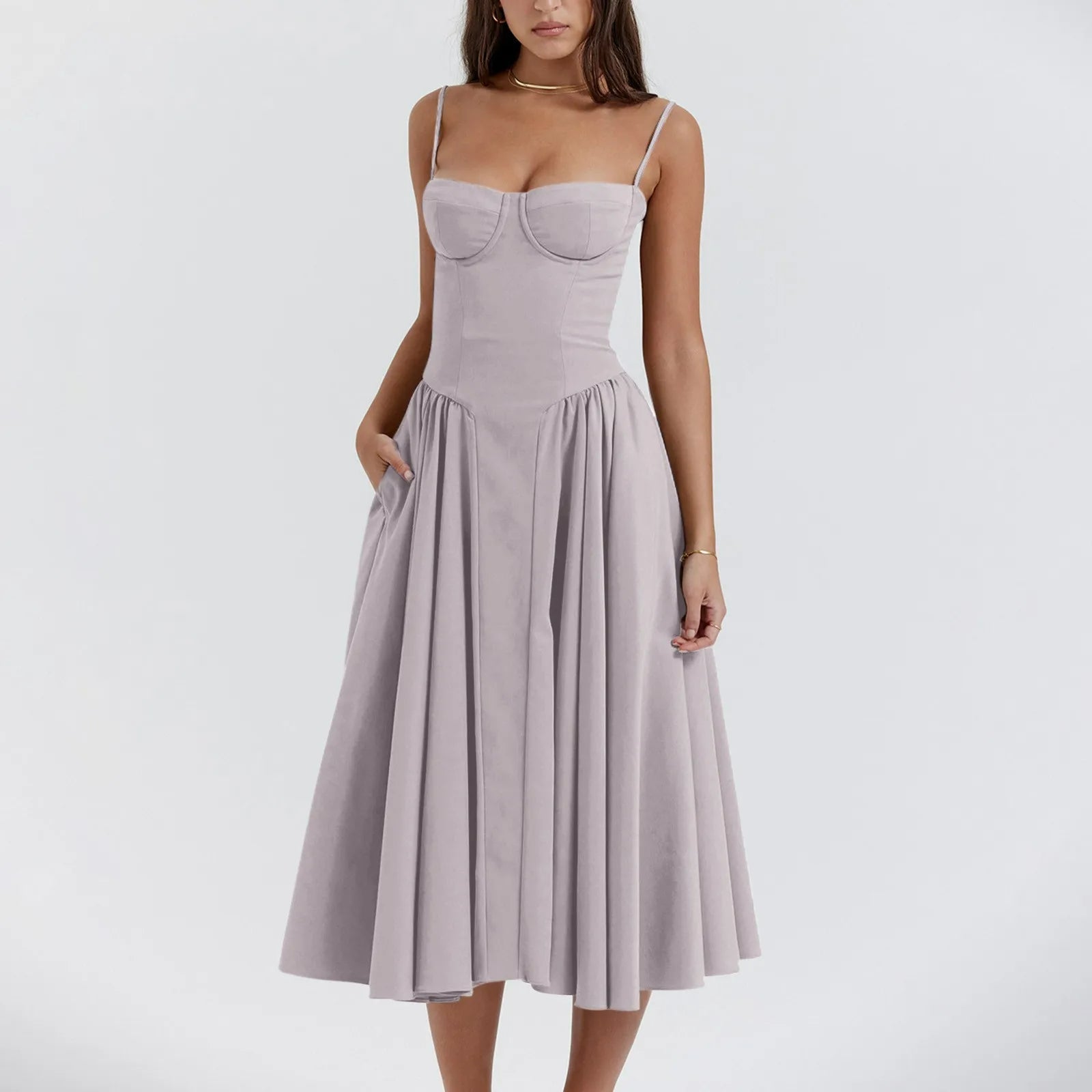 Damen Midikleid — Korsett-Oberteil, plissierter, geraffter Rock