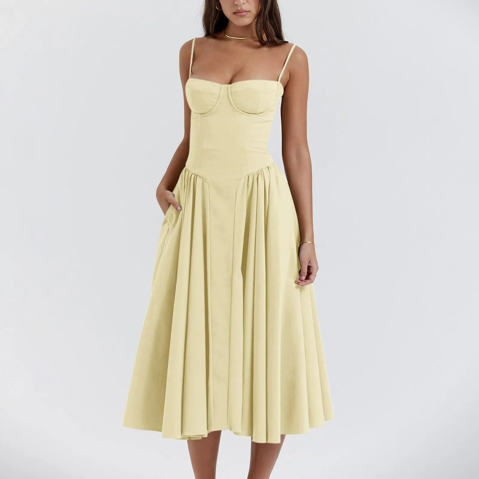 Damen Midikleid — Korsett-Oberteil, plissierter, geraffter Rock