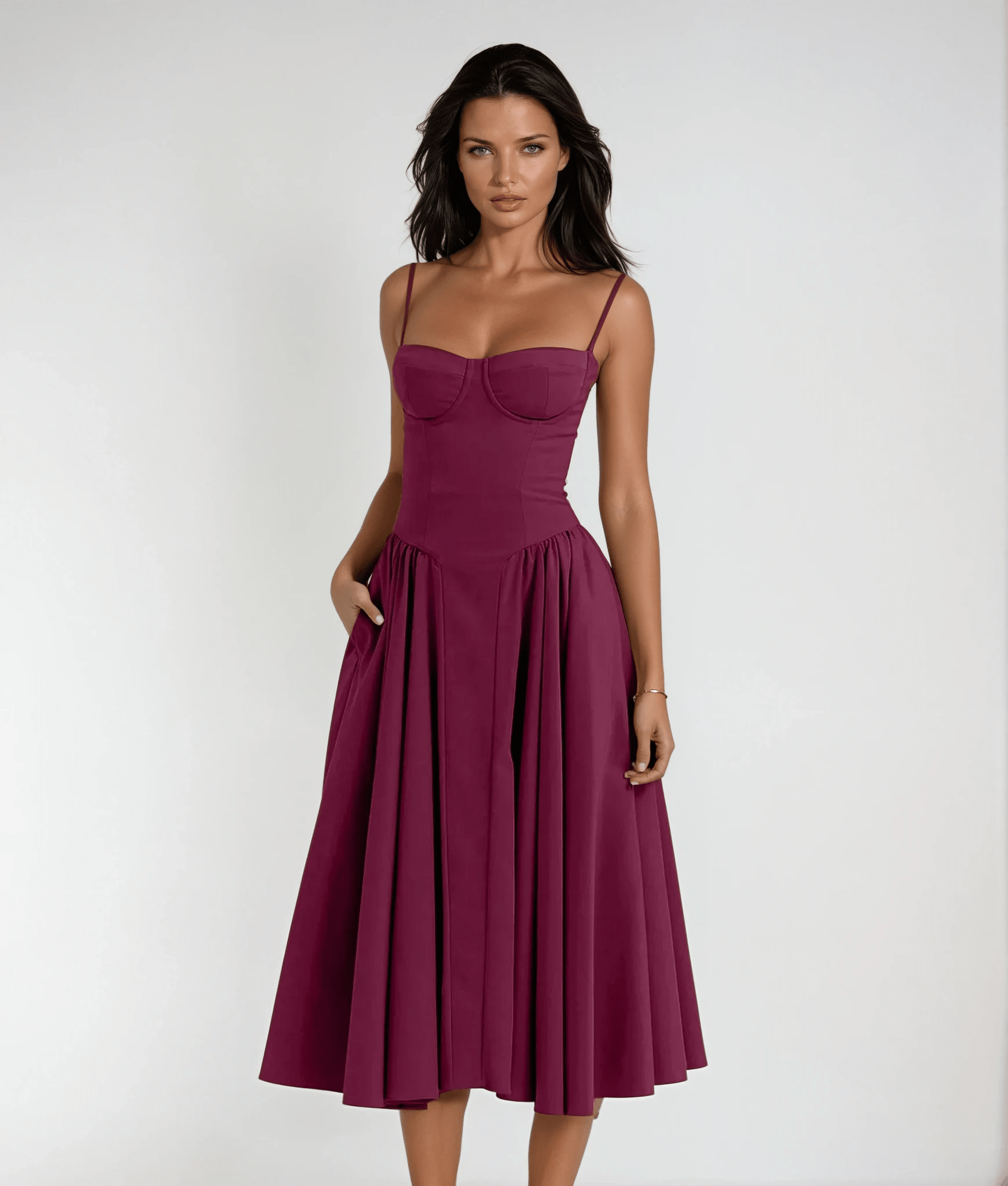 Robe midi femme — corset corsage jupe plissée froncée
