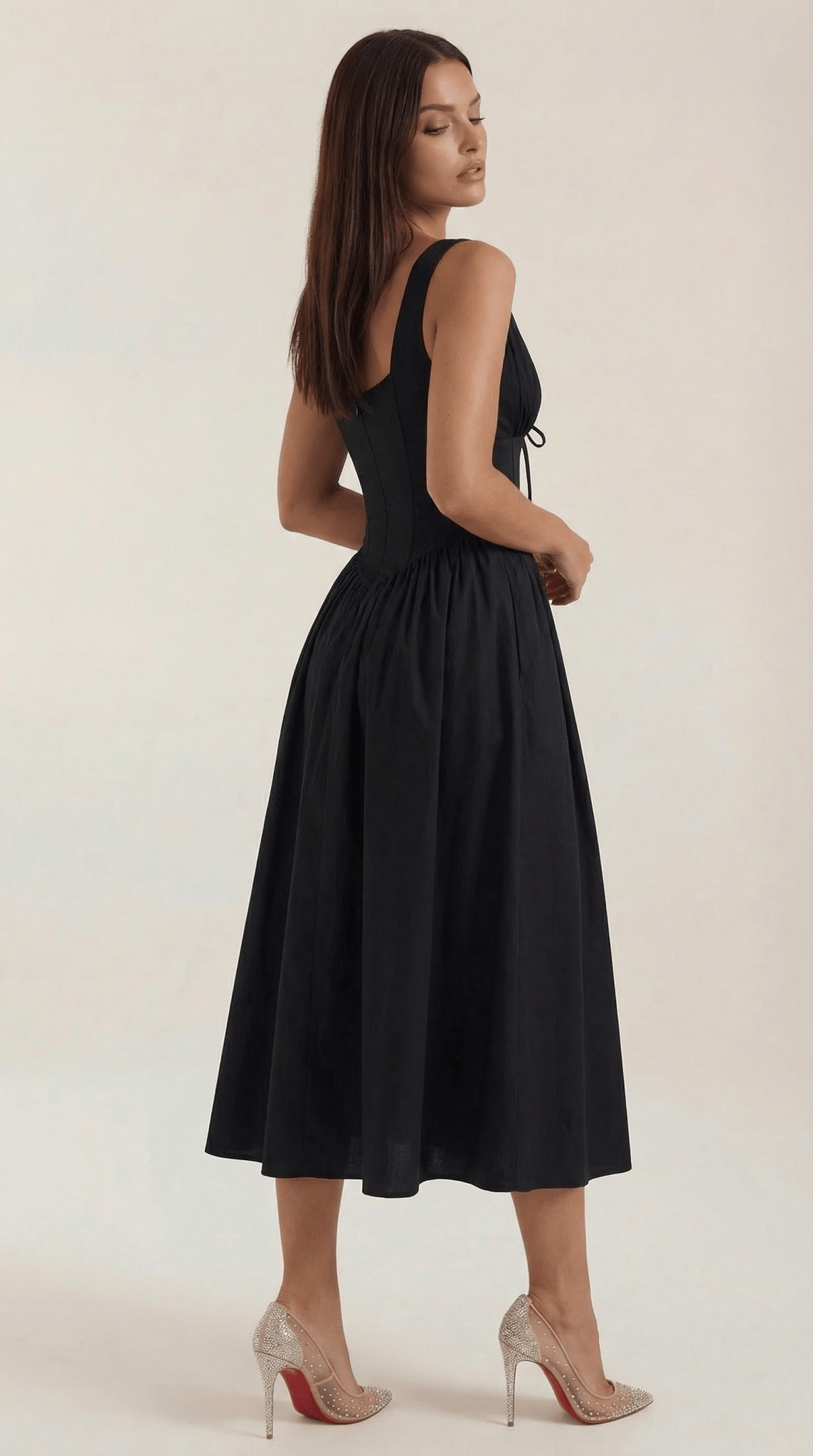 Vestito midi donna — corpetto aderente e scollo a V