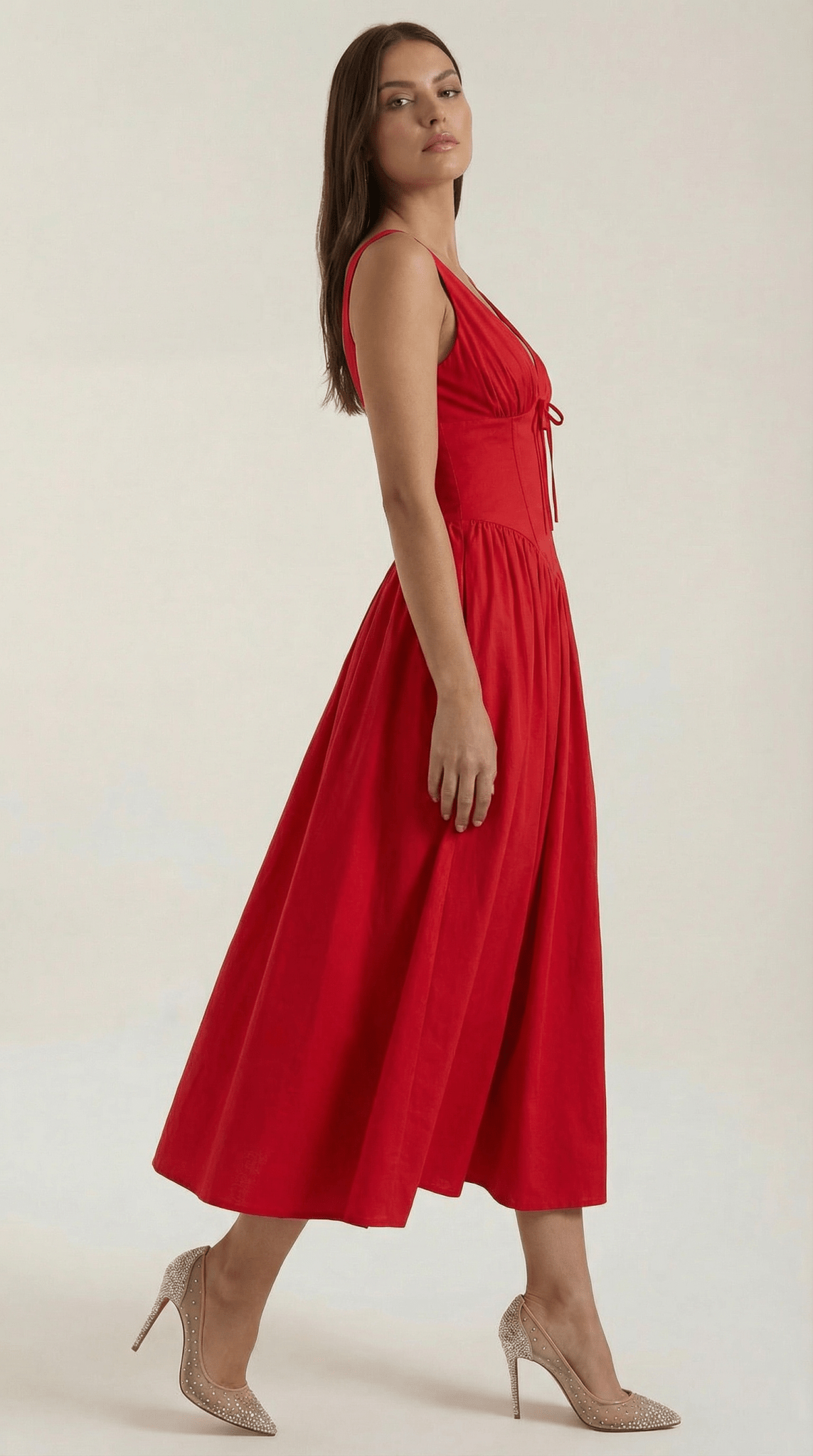 Vestito midi donna — corpetto aderente e scollo a V