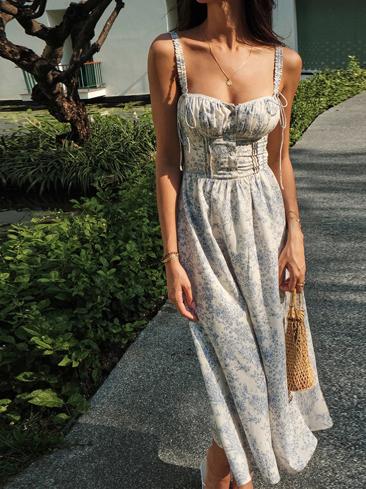 Robe midi femme — imprimé floral corset fermeture à boutons