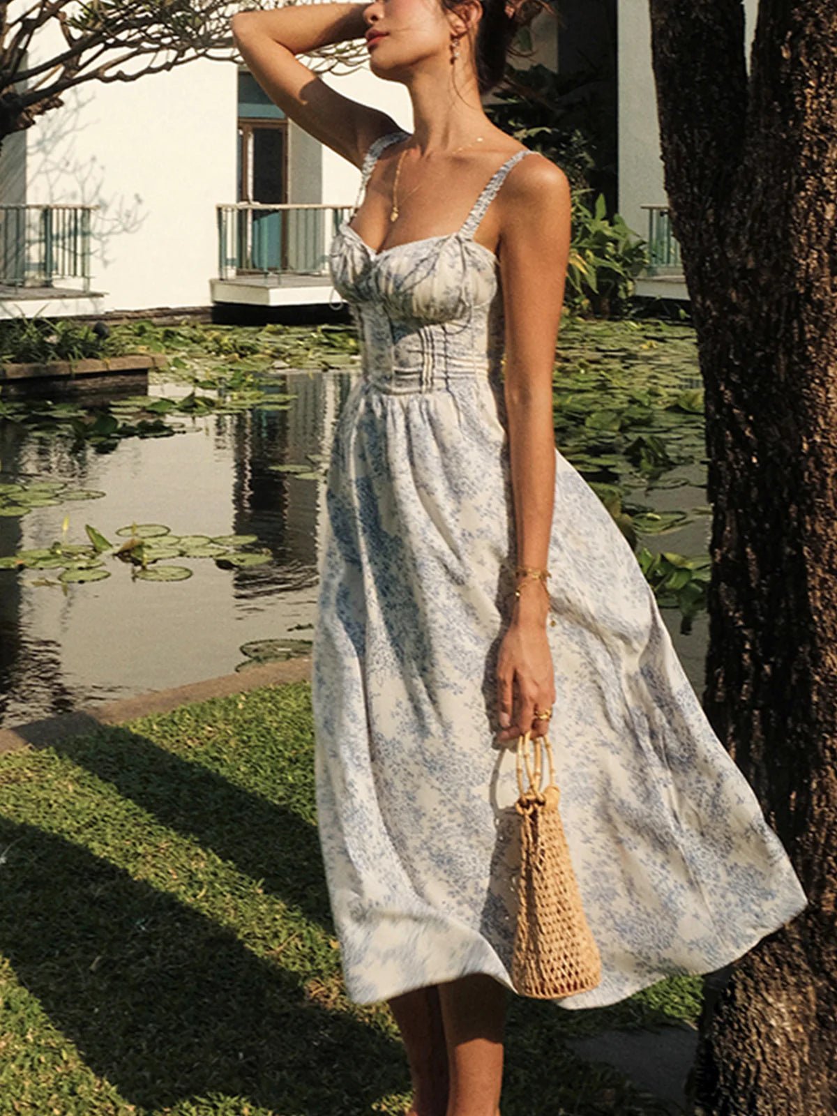 Abito midi da donna — stampa floreale corpetto corsetto chiusura con bottoni