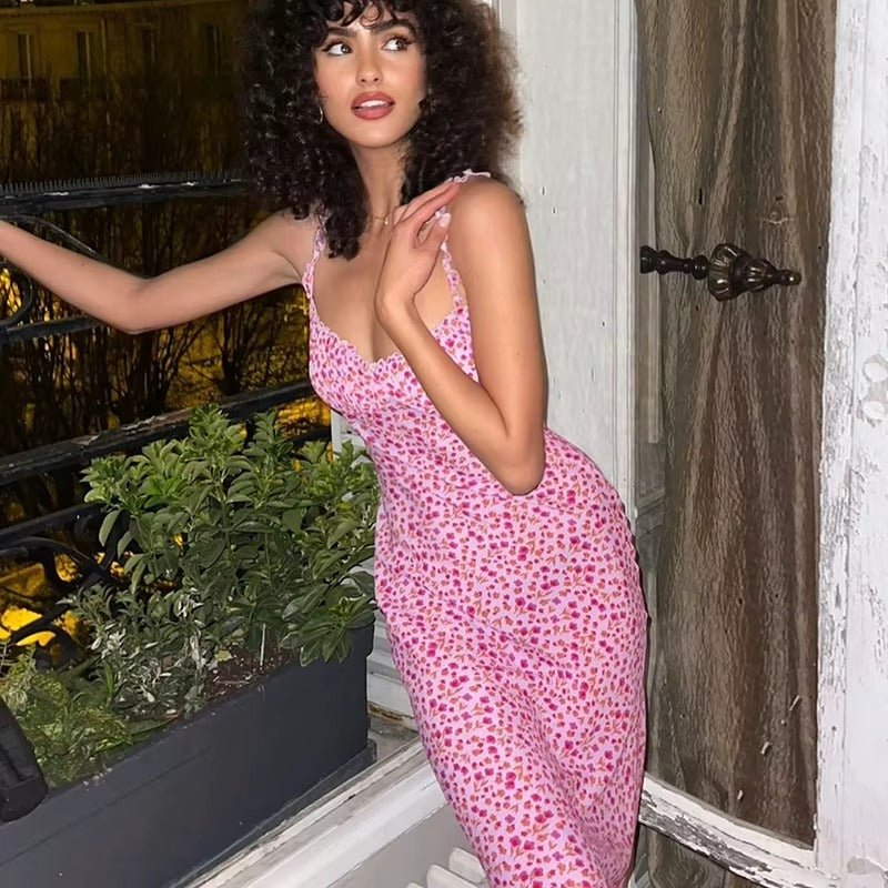 Robe midi femme — imprimé floral bretelles à volants sans manches coupe ajustée